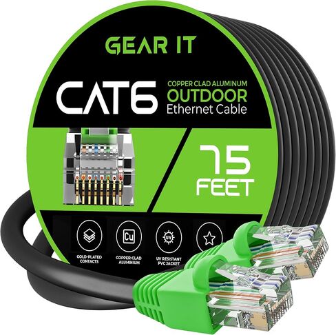 كابل إيثرنت خارجي GearIT Cat6 (100 قدم) CCA نحاسي، مقاوم للماء، دفن مباشر، في الأرض، سترة للأشعة فوق البنفسجية، POE، شبكة، إنترنت، كابل Cat 6، Cat6 - 100 قدم، كمبيوتر شخصي in Kuwait