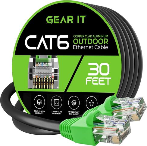 كابل إيثرنت خارجي GearIT Cat6 (100 قدم) CCA نحاسي، مقاوم للماء، دفن مباشر، في الأرض، سترة للأشعة فوق البنفسجية، POE، شبكة، إنترنت، كابل Cat 6، Cat6 - 100 قدم، كمبيوتر شخصي in Kuwait