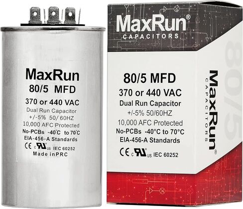 MAXRUN 80+5 MFD uf 370 أو 440 فولت VAC محرك مستدير مزدوج التشغيل لمكثف مكيف الهواء المتردد - 80/5 فائق التوهج MFD 440V مضخة تبريد أو حرارة مستقيمة - سيتم تشغيل محرك التيار المتردد والمروحة - ضمان لمدة 5 سنوات in Kuwait