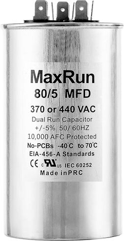 MAXRUN 80+5 MFD uf 370 أو 440 فولت VAC محرك مستدير مزدوج التشغيل لمكثف مكيف الهواء المتردد - 80/5 فائق التوهج MFD 440V مضخة تبريد أو حرارة مستقيمة - سيتم تشغيل محرك التيار المتردد والمروحة - ضمان لمدة 5 سنوات in Kuwait