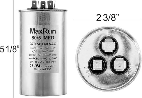 MAXRUN 80+5 MFD uf 370 أو 440 فولت VAC محرك مستدير مزدوج التشغيل لمكثف مكيف الهواء المتردد - 80/5 فائق التوهج MFD 440V مضخة تبريد أو حرارة مستقيمة - سيتم تشغيل محرك التيار المتردد والمروحة - ضمان لمدة 5 سنوات in Kuwait