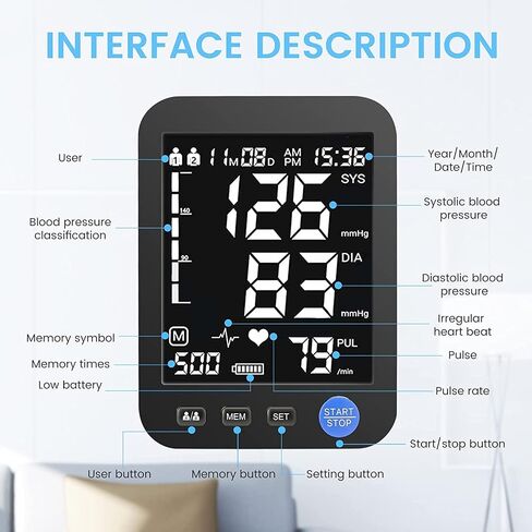 Blood Pressure Machine for Home Use, Automatic Blood Pressure Monitor with Extra Large Screen, Adjustable BP Cuff Arm Kits 2 * 999 Memories 4 Batteries Includes Charging Cord (Black) in Saudi Arabia