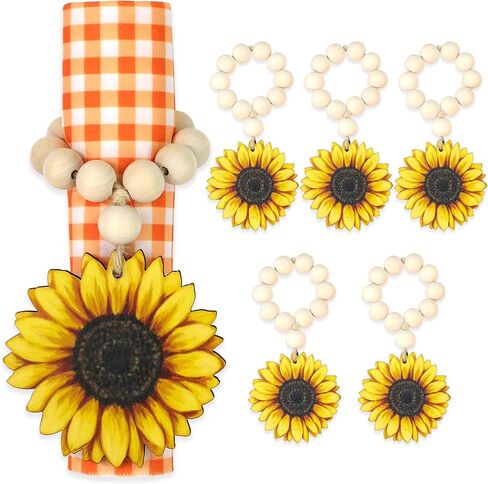 QNNEFF Sunflower Napkin Rings Set of 6 Fall Napkin Rings Farmhouse Napkin Ring Holders Wood Beads Napkin Rings Spring Daisy Flower Napkin Rings Sunflower Weeding Birthday Party Dining Table Decoration in Saudi Arabia