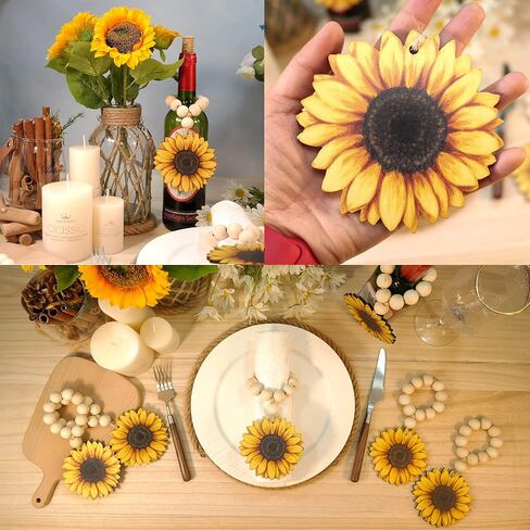 QNNEFF Sunflower Napkin Rings Set of 6 Fall Napkin Rings Farmhouse Napkin Ring Holders Wood Beads Napkin Rings Spring Daisy Flower Napkin Rings Sunflower Weeding Birthday Party Dining Table Decoration in Saudi Arabia