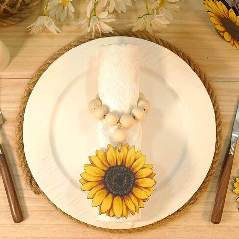 QNNEFF Sunflower Napkin Rings Set of 6 Fall Napkin Rings Farmhouse Napkin Ring Holders Wood Beads Napkin Rings Spring Daisy Flower Napkin Rings Sunflower Weeding Birthday Party Dining Table Decoration in Saudi Arabia