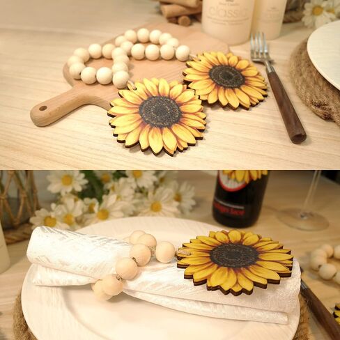 QNNEFF Sunflower Napkin Rings Set of 6 Fall Napkin Rings Farmhouse Napkin Ring Holders Wood Beads Napkin Rings Spring Daisy Flower Napkin Rings Sunflower Weeding Birthday Party Dining Table Decoration in Saudi Arabia
