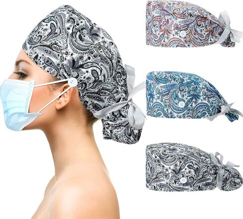 Geyoga 3 Pieces Adjustable Bouffant Hats with Buttons, Tie Back Hats with Sweatband for Women Men in Saudi Arabia