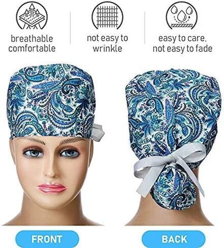 Geyoga 3 Pieces Adjustable Bouffant Hats with Buttons, Tie Back Hats with Sweatband for Women Men in Saudi Arabia