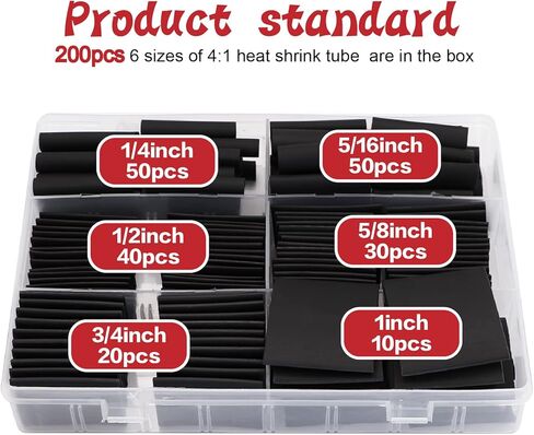 مجموعة أنابيب الانكماش الحراري 200 قطعة، أنابيب الانكماش البحري، أنبوب جداري مزدوج، مبطن بمادة لاصقة (نسبة الانكماش 4:1، أسود) in Kuwait