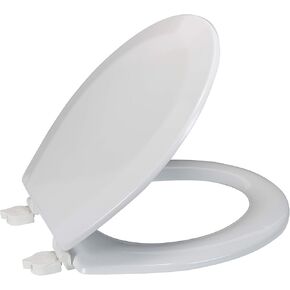 Bath Bliss Beveled Standard Round Toilet Seat | Wooden | Resists Peeling and Chipping | Adjustable Quick Attach Non-Slip Hinges | White