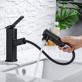 HANLIAN Single Handle Pull Out Bathroom Vessel Sink Faucet with Rotating Spout, Modern Single Hole Tall Bathroom Faucet with Pull Down Sprayer, One Hole High Bathroom Sink Faucet Black with 3 Modes