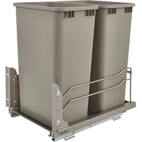 Rev-A-Shelf Double Pull-Out Trash Can for Full Height Kitchen Cabinets 50 Quart 12.5 Gallon with Soft-Close Slides, White, 53WC-2150SCDM-211
