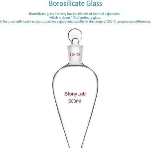 StonyLab PTFE Stopcock Separatory Funnel 500ml, Borosilicate Glass Heavy Wall Conical Pear-Shaped Separatory Funnel Separation Funnel with 24/29 Joint in Kuwait