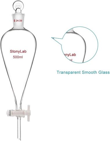 StonyLab PTFE Stopcock Separatory Funnel 500ml, Borosilicate Glass Heavy Wall Conical Pear-Shaped Separatory Funnel Separation Funnel with 24/29 Joint in Kuwait