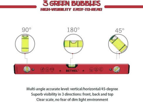BETHEL Torpedo Level, 16" Magnetic Torpedo Spirit Level Tool with 3 Vials, 45°/90°/180°Degrees, Aluminum Shockproof Bubble Level, High Visibility Red Durable Measuring Leveler in Kuwait