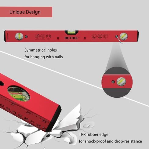 BETHEL Torpedo Level, 16" Magnetic Torpedo Spirit Level Tool with 3 Vials, 45°/90°/180°Degrees, Aluminum Shockproof Bubble Level, High Visibility Red Durable Measuring Leveler in Kuwait
