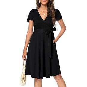 Pinup Fashion Women's Summer Short Sleeve Wrap V-Neck Casual Dress with Pockets Sundress in Saudi Arabia