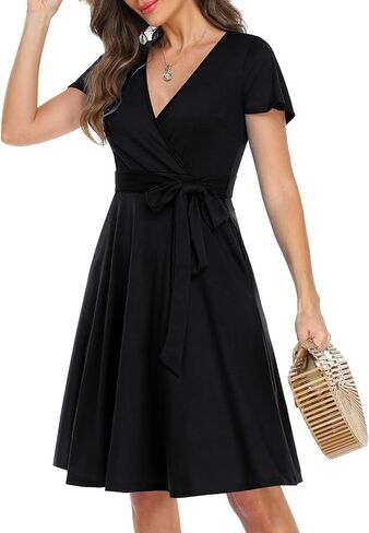 Pinup Fashion Women's Summer Short Sleeve Wrap V-Neck Casual Dress with Pockets Sundress in Saudi Arabia