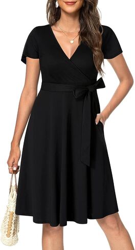 Pinup Fashion Women's Summer Short Sleeve Wrap V-Neck Casual Dress with Pockets Sundress in Saudi Arabia