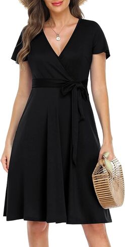 Pinup Fashion Women's Summer Short Sleeve Wrap V-Neck Casual Dress with Pockets Sundress in Saudi Arabia