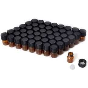 Enslz Mini Essential Oil Bottles Empty Sample bottle 1ml(1/4 dram) 2ml (5/8 dram) Amber Glass Bottle with Orifice Reducer and cap, With 2 Free Transfer Eye droppers(50 Pcs) (1ml) in Kuwait