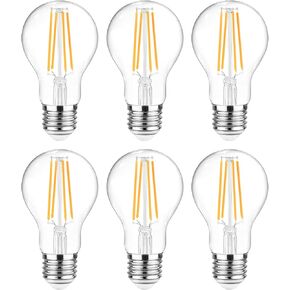 Ascher 60 Watt Equivalent, E26 LED Filament Light Bulbs, Warm White 2700K, Non-Dimmable, Classic Clear Glass, A19 LED Light Bulb with 80+ CRI, 6-Pack