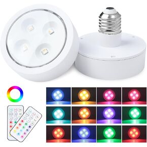 2 Pack Battery Operated Light Bulbs,Dimmable E26 Battery Bulb, 13 Colors RGB LED Puck Lights, with remote control, memory function, Magic bulbs for non electric chandeliers and wall sconces