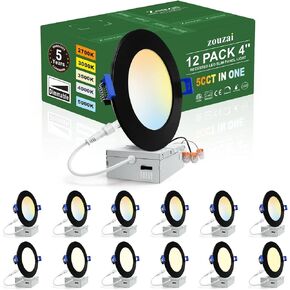 12 Pack 4 Inch Black 5CCT Reset Ultra-Thin LED Recessed Ceiling Light with Junction Box, 2700K/3000K/3500K/4000K/5000K Selectable, 9W Dimmable, led can Lights - ETL and Energy Star Certified
