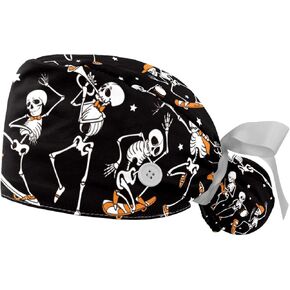 Working Hat with Buttons & Ribbon Ties for Women 2 Packs, Skull Print Adjustable Unisex Surgical Caps Scrub Cap in Kuwait