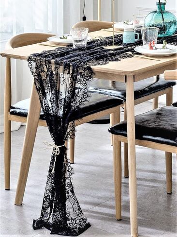 30x120 Inch Mysterious Black Lace Table Runner Boho Thanksgiving Lace Runner, Rustic Wedding Decorations, Lightweight Table Cover for Birthday Party Supplies Wedding Anniversary Party Decor in Kuwait