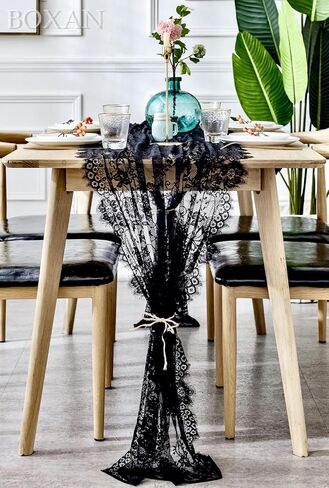 30x120 Inch Mysterious Black Lace Table Runner Boho Thanksgiving Lace Runner, Rustic Wedding Decorations, Lightweight Table Cover for Birthday Party Supplies Wedding Anniversary Party Decor in Kuwait