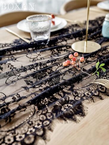 30x120 Inch Mysterious Black Lace Table Runner Boho Thanksgiving Lace Runner, Rustic Wedding Decorations, Lightweight Table Cover for Birthday Party Supplies Wedding Anniversary Party Decor in Kuwait