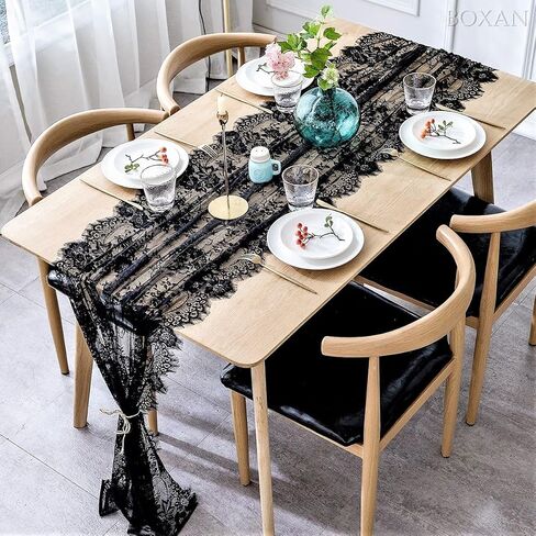 30x120 Inch Mysterious Black Lace Table Runner Boho Thanksgiving Lace Runner, Rustic Wedding Decorations, Lightweight Table Cover for Birthday Party Supplies Wedding Anniversary Party Decor in Kuwait