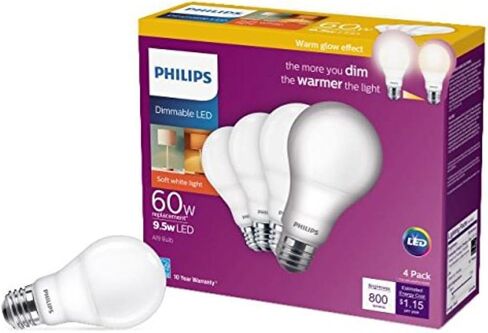 حلزوني كهرماني عتيق خالٍ من الوميض A19 من Philips، قابل للتعتيم، تقنية Eyecomfort، 400 لومن، ضوء كهرماني (2000 كلفن)، 6.5 وات = 60 وات، معتمد من العنوان 20، قاعدة E26، حزمة واحدة (565796) in Kuwait