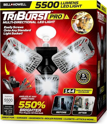 Triburst Deluxe by Bell+Howell, ASON TV 5500 Lumens/6500 Kelvin Indoor Lights, Ultra Bright Lighting with 144 LED Bulb, Multi-Directional Triple Panel Bedroom, Garage, Ceiling Light in Saudi Arabia
