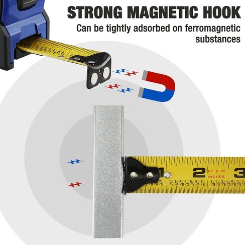 شريط قياس WORKPRO بطول 25 قدم، شريط قياس سهل القراءة بنسبة 1/8 جزء، دقة شريط قياس طلاء النايلون القابل للسحب 1/32، خطاف مغناطيسي، مشبك حزام، غلاف واقي مطاطي in Kuwait