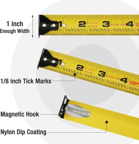 شريط قياس WORKPRO بطول 25 قدم، شريط قياس سهل القراءة بنسبة 1/8 جزء، دقة شريط قياس طلاء النايلون القابل للسحب 1/32، خطاف مغناطيسي، مشبك حزام، غلاف واقي مطاطي in Kuwait