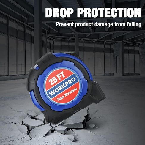 شريط قياس WORKPRO بطول 25 قدم، شريط قياس سهل القراءة بنسبة 1/8 جزء، دقة شريط قياس طلاء النايلون القابل للسحب 1/32، خطاف مغناطيسي، مشبك حزام، غلاف واقي مطاطي in Kuwait