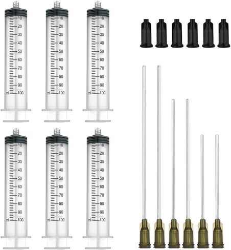 6 Pack 100ml Syringes with 14G 4.0" 3.0'' 2.0" Blunt Tip Needles and Storage Caps(Luer Lock), Plastic Reusable Syringe for Glue Applicator, Oil Dispensing Multiple Uses in Kuwait