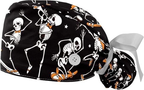 Working Hat with Buttons & Ribbon Ties for Women 2 Packs, Skull Print Adjustable Unisex Surgical Caps Scrub Cap in Kuwait
