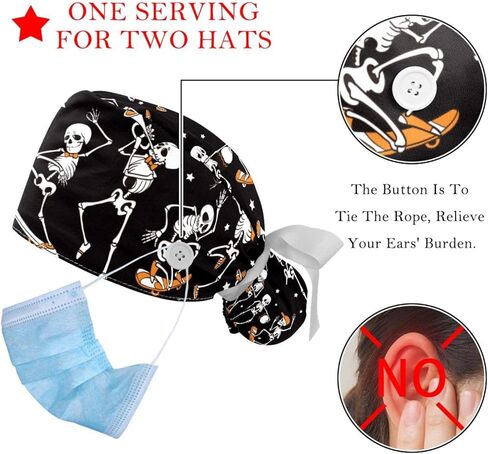 Working Hat with Buttons & Ribbon Ties for Women 2 Packs, Skull Print Adjustable Unisex Surgical Caps Scrub Cap in Kuwait