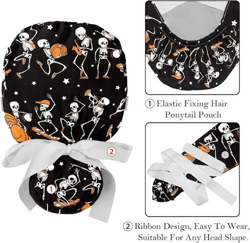 Working Hat with Buttons & Ribbon Ties for Women 2 Packs, Skull Print Adjustable Unisex Surgical Caps Scrub Cap in Kuwait