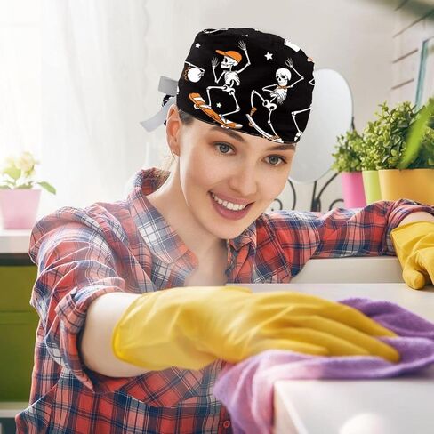 Working Hat with Buttons & Ribbon Ties for Women 2 Packs, Skull Print Adjustable Unisex Surgical Caps Scrub Cap in Kuwait