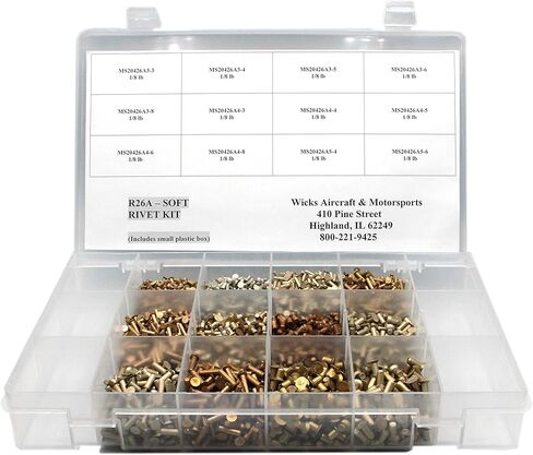مجموعة مسامير من الألومنيوم الصلب، 3,900، مسامير ناعمة غاطسة في 12 مقاسًا، تتضمن 3/32 بوصة، 1/8 بوصة، 5/32 بوصة من شركة Wicks Aircraft Supply in Kuwait