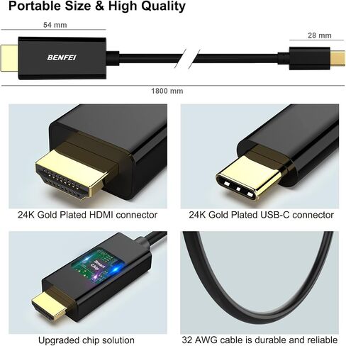 كابل BENFEI USB C إلى HDMI بطول 6 أقدام [4K@60 هرتز، هيكل من الألومنيوم، مجدول من النايلون]، كابل USB من النوع C إلى HDMI [Thunderbolt 3/4/5] متوافق مع MacBook Pro/Air/iPad Pro 2023/2022/2021/2020/2019، رمادي in Kuwait