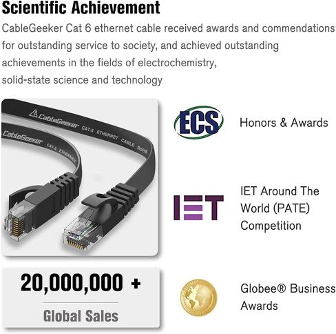 كابل إيثرنت Cat 6 بطول 100 قدم، داخلي وخارجي، كابل شبكة إنترنت مسطح عالي السرعة - كابل تصحيح Cat6 Ethernet طويل - كابل LAN للكمبيوتر أسود + مقاطع وأشرطة كابل مجانية in Kuwait