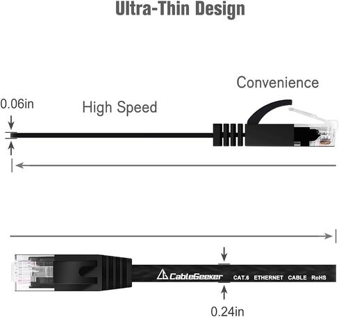 كابل إيثرنت Cat 6 بطول 100 قدم، داخلي وخارجي، كابل شبكة إنترنت مسطح عالي السرعة - كابل تصحيح Cat6 Ethernet طويل - كابل LAN للكمبيوتر أسود + مقاطع وأشرطة كابل مجانية in Kuwait