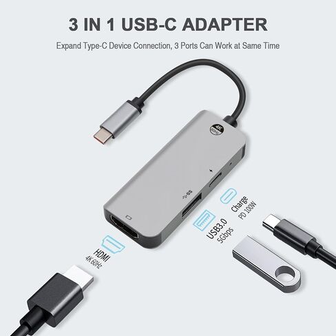 محول USB C إلى HDMI، HUGIN[4K 60 هرتز] موزع من النوع C إلى مخرج HDMI ومنفذ USB 3.0 ومنفذ شحن PD 100 وات، محول USB-C رقمي AV متعدد المنافذ لجهاز MacBook Pro/Air، iPad Pro/Air/Mini، Galaxg S21 /S20 وأكثر in Kuwait