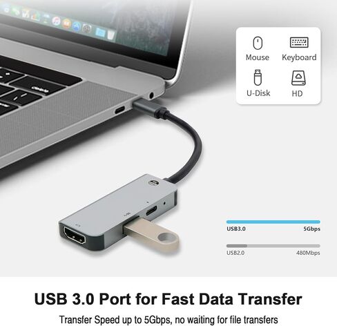 محول USB C إلى HDMI، HUGIN[4K 60 هرتز] موزع من النوع C إلى مخرج HDMI ومنفذ USB 3.0 ومنفذ شحن PD 100 وات، محول USB-C رقمي AV متعدد المنافذ لجهاز MacBook Pro/Air، iPad Pro/Air/Mini، Galaxg S21 /S20 وأكثر in Kuwait