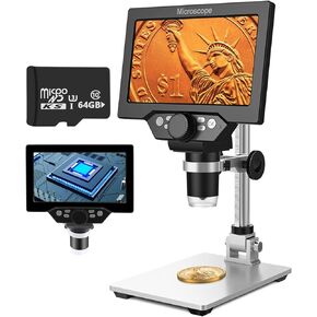 UF-TOOLS مجهر رقمي LCD مقاس 7 بوصات مع بطاقة TF سعة 64 جيجابايت، تكبير 1200x، كاميرا تركيز فائقة الدقة 12 ميجابكسل، مجهر فيديو 1080 بكسل، 8 مصابيح LED لإصلاح ساعة الكمبيوتر ولوحة الدوائر المعدنية